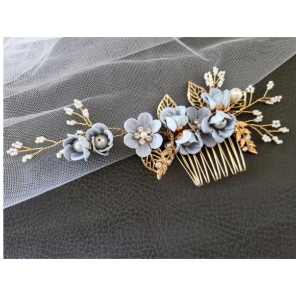 3pcs Set Blue Bride headpiece Comb Pin wedding main image 5